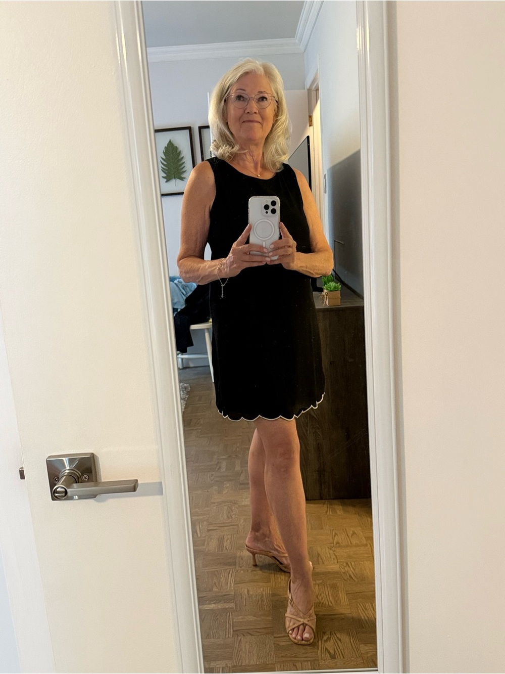 Little Black Dress with Cream Accent on Scalloped Hem